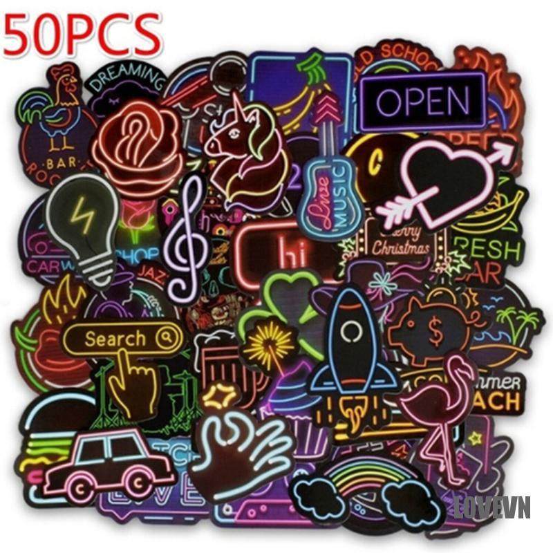 50 Miếng nhãn dán màu neon dễ thương để trang trí vali/ laptop/ đàn