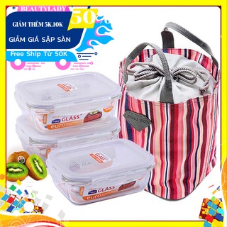 Bộ 3 hộp thủy tinh lock&lock 630ml và túi giữ nhiệt