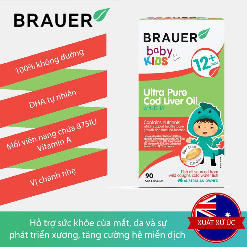 Vitamin BRAUER Baby & Kids Ultra Pure Cod Liver Oil with DHA - Giúp phát triển trí não cho bé Lọ 90 viên