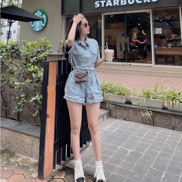 Set bộ nữ LINH RUBI STORE áo Jeans cộc tay khuy bấm, quần short chất liệu denim cao cấp V462
