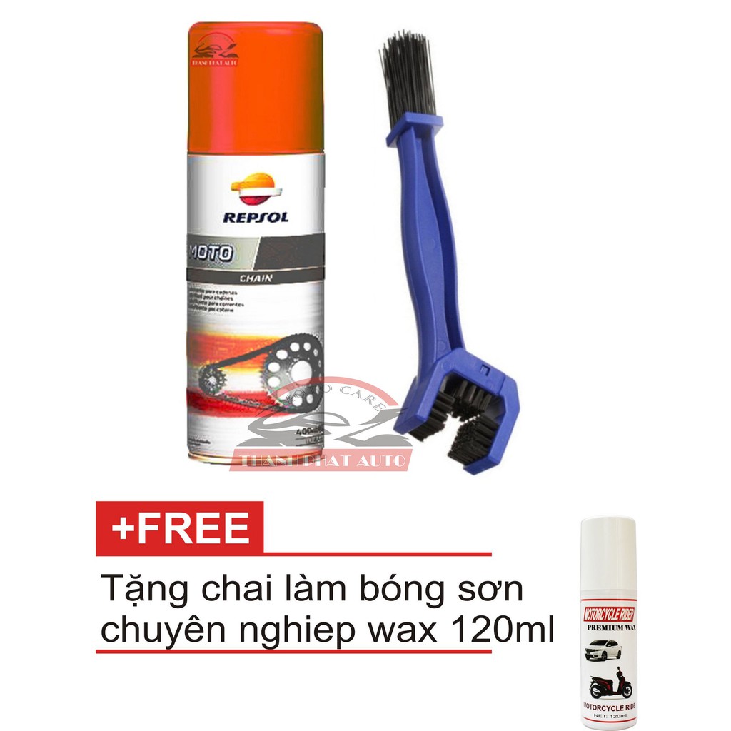 Chai xịt Dưỡng sên Repsol Moto Chain Lube 400ml và bàn chải 3D chuên nghiệp tặng chai làm bóng sơn WAX120ml