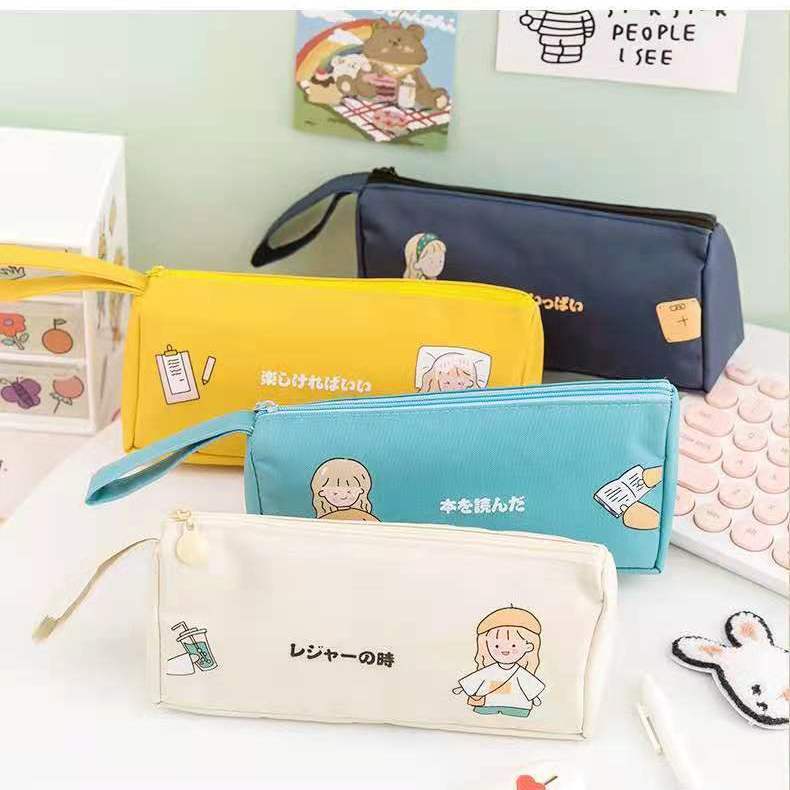 Túi Đựng Bút Chì / Mỹ Phẩm Bằng Vải Canvas Họa Tiết Hoạt Hình Dung Tích Lớn Tiện Dụng Cho Nữ