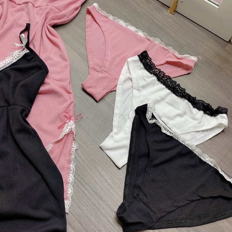 Đầm ngủ 2 dây phối nơ viền ren sexy tặng kèm quần chip
