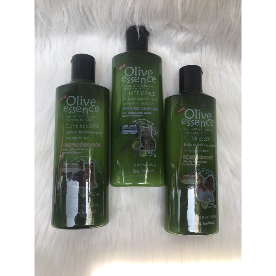 Sữa tắm chó mèo khử mùi hôi lông óng mượt Olive Essence 450ml