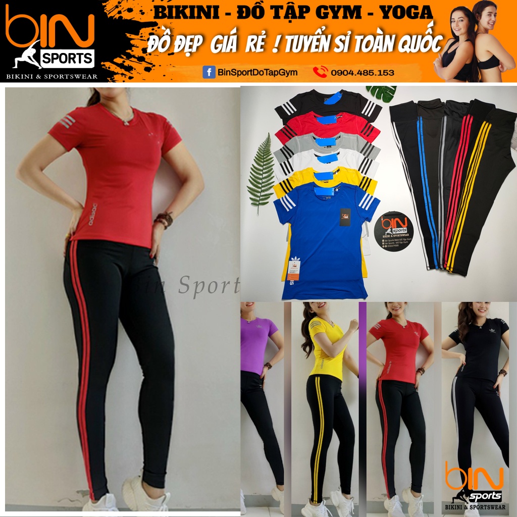 Đồ tập gym yoga nữ, set bộ áo phủ bụng quần dài phối sọc Bin Sports BD072