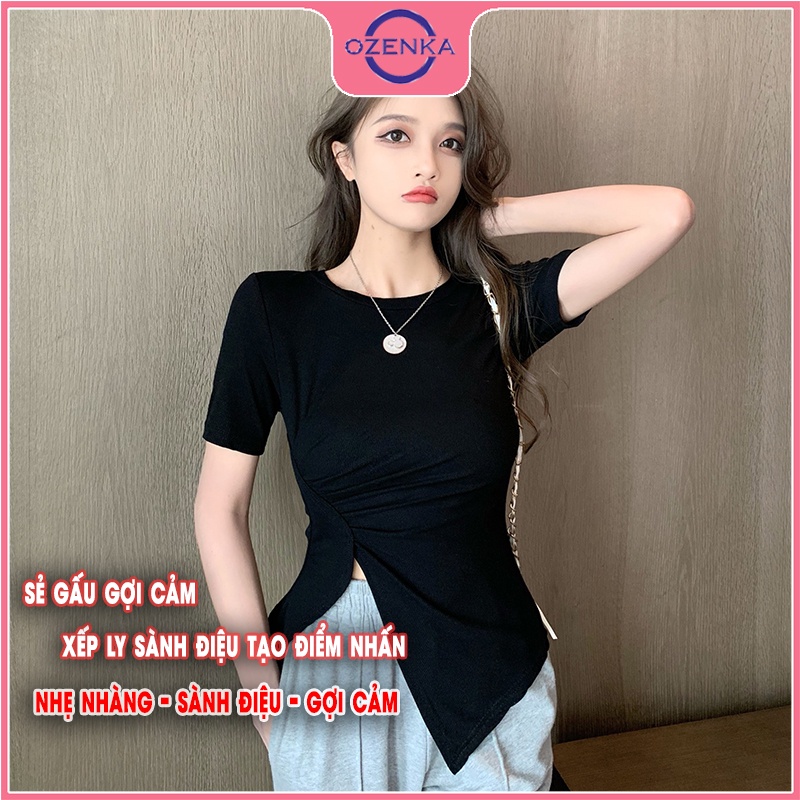 Áo thun croptop sẻ tà tay ngắn cổ tròn nữ OZENKA , áo crt kiểu Hàn Quốc ôm body màu đen trắng đẹp mặc đi học dưới 50 cân
