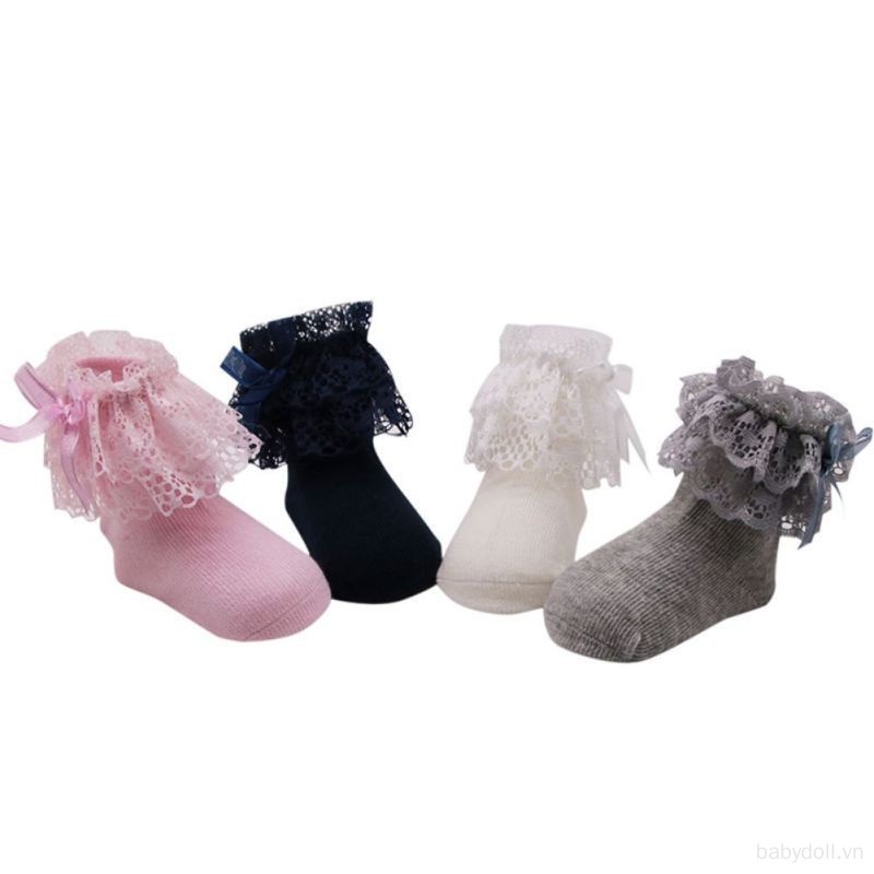 Vớ Cotton Mềm Mại Phối Ren Nhún Bèo Màu Trơn Dành Cho Bé Gái