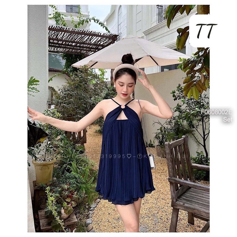 Set dập ly áo dây yếm đắp tà ngực kèm váy TT3007