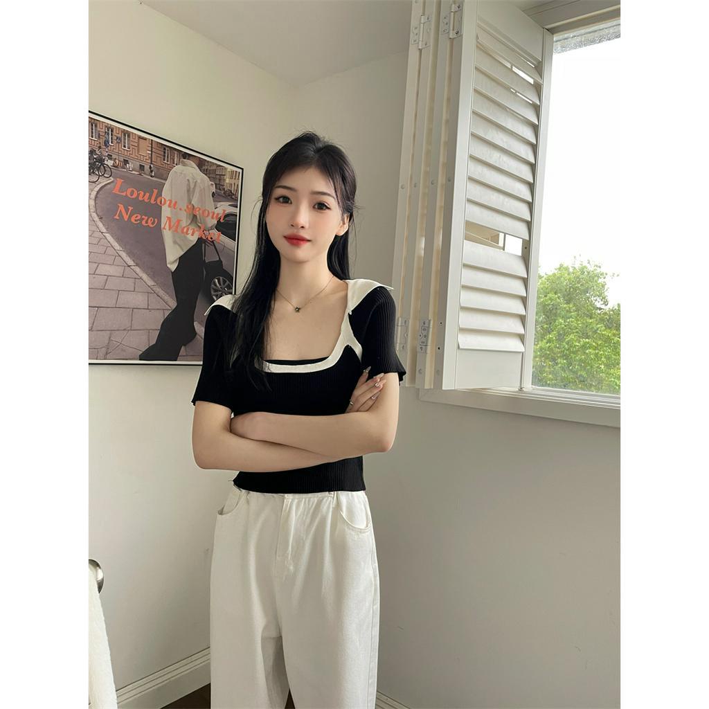 Áo Thun Croptop Dệt Kim Tay Ngắn Cổ Vuông Dáng Ôm Thời Trang Mùa Hè Cho Nữ