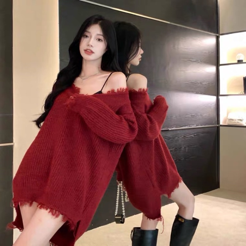 Áo len nữ cổ chữ V màu đỏ cực xinh phong cách ulzzang Hàn Quốc