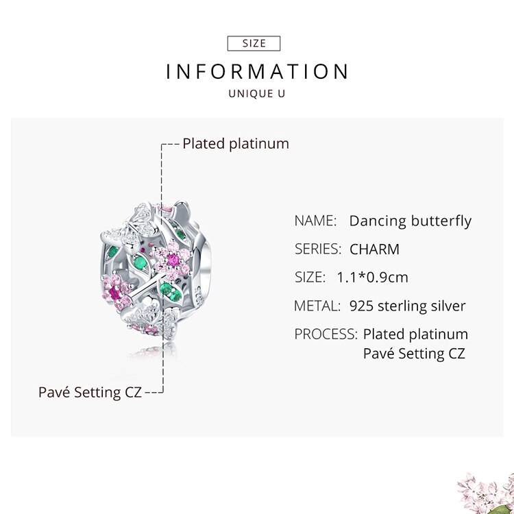 Mặt trang sức Bamoer BSC116 bằng bạc 925 thiết kế họa tiết hoa/bướm đính đá xinh xắn DIY