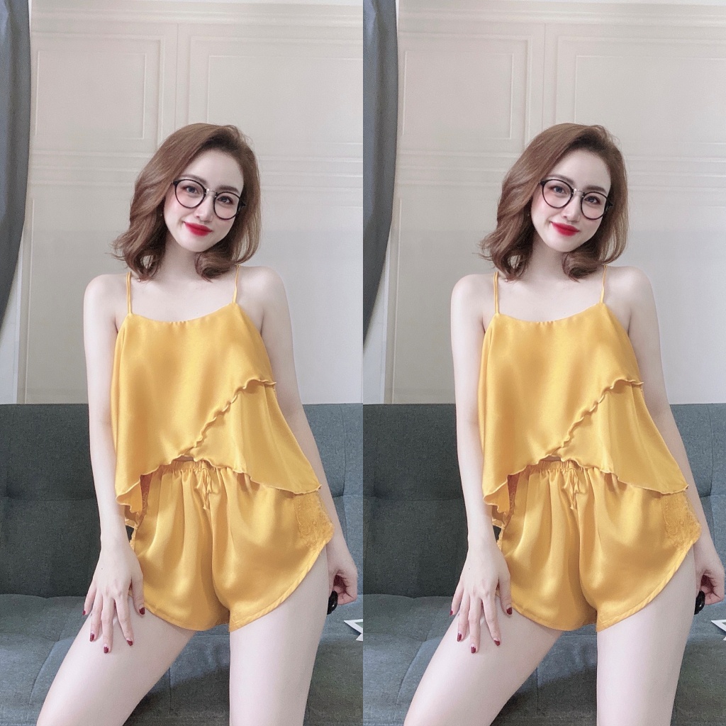 Đồ Ngủ Sexy - Đồ Ngủ 2 Dây Chất Satin Phối Ren Mềm Mát Freesize &lt;57kg - Linqu Sleepwear