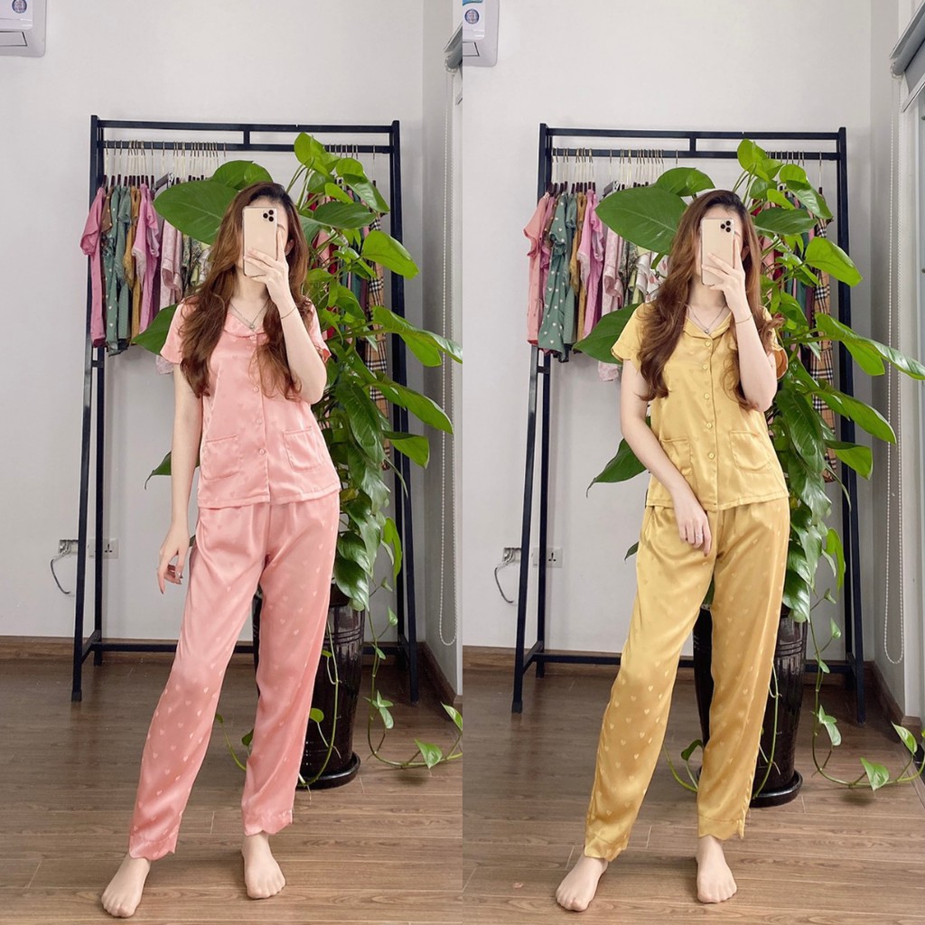 Bộ Pijama lụa gấm NOHK cao cấp mặc nhà cộc tay quần dài cổ bèo túi vuông