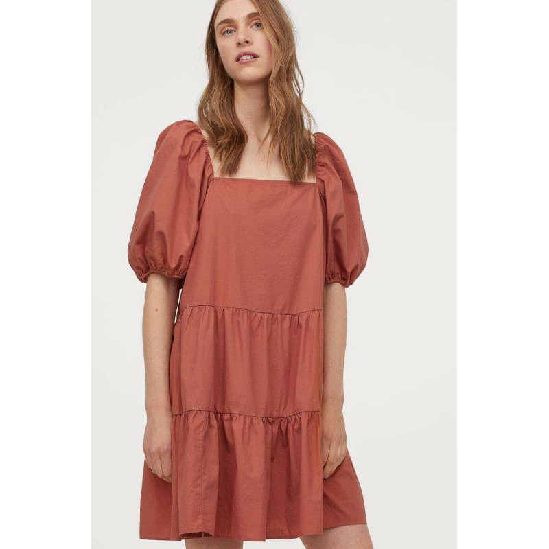 (H&M Auth) JP64 - Đầm nữ tay lửng tay phồng cổ vuông cam đất (Shop Hàng_Xách_Nhật)