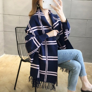 Áo len nữ đẹp, Áo choàng len nữ giả khăn, Kẻ sọc caro bản to quý phái