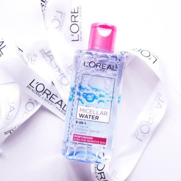 Nước tẩy trang Loreal paris 3 in 1 micellar water 95ml Moisturizing màu hồng cho da khô