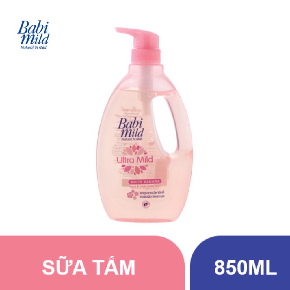 Sữa tắm trẻ em Babi Mild - White Sakura chai 850ml + Tặng Phấn Thơm Trẻ Em White Sakura 180g