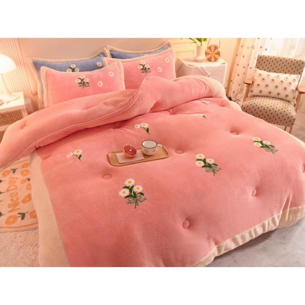 [FREE SHIP] Chăn Lông Thỏ Thêu Hoa Cúc Hàng Loại 1 Cao Cấp Nặng 4,5kg Dày Dặn Mịn Màng