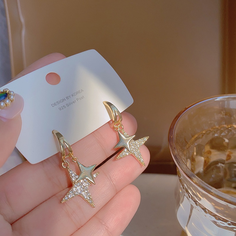 Bông Tai Mạ Bạc 925 Hình Ngôi Sao Đính Kim Cương Thời Trang Hàn Quốc