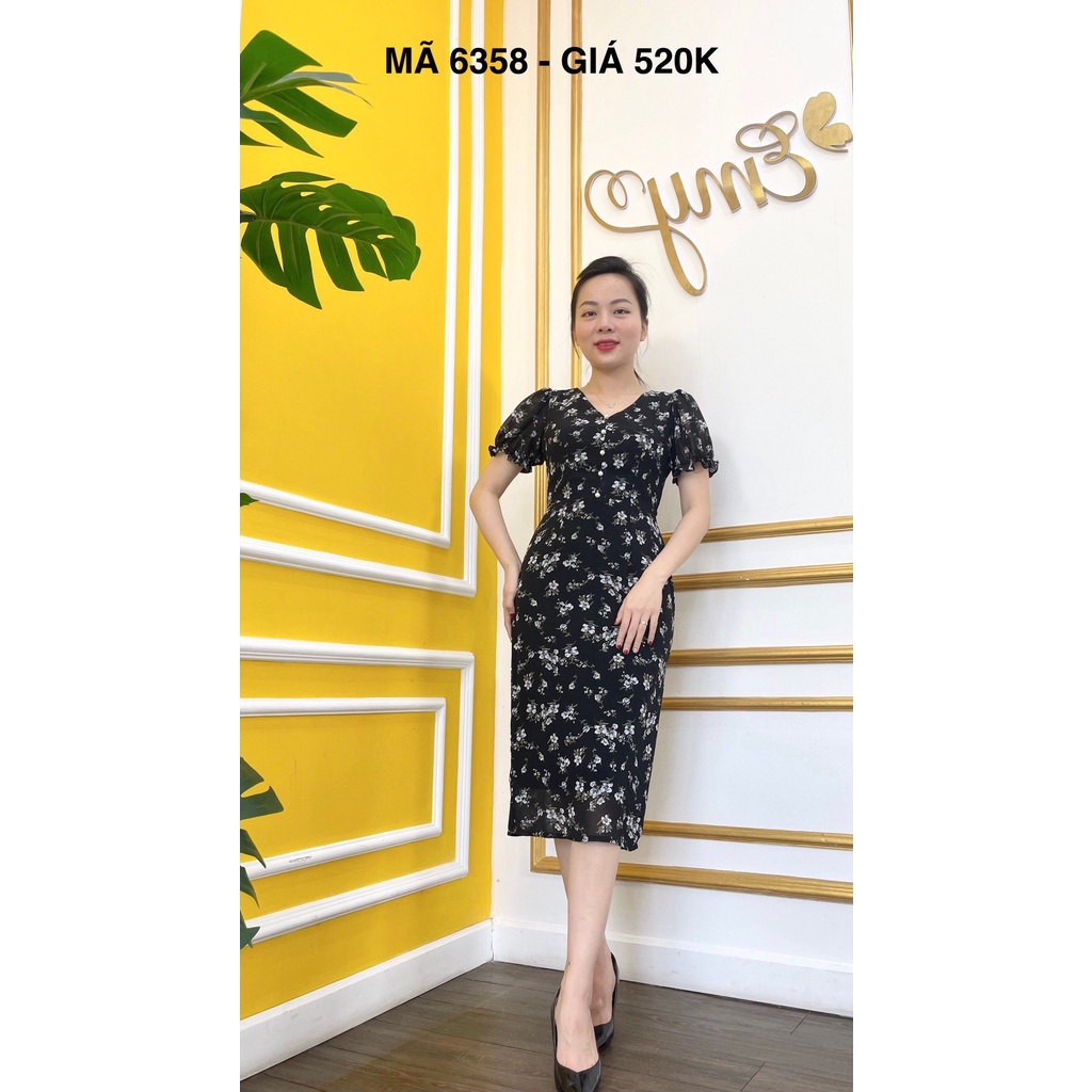 Váy EMY EM6358 Body Đen HT Hoa Tay Chun