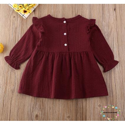 Đầm tay dài viền bèo 1 mảnh chất cotton lanh đáng yêu cho bé gái