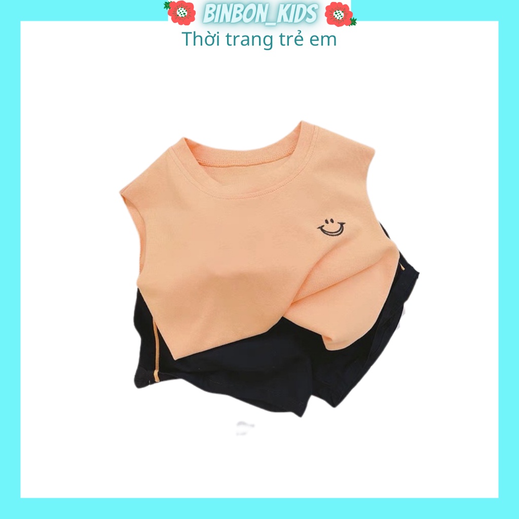 Đồ bộ bé trai quần áo ba lỗ cho bé,bộ sát nách Thêu Miệng Cười phối quần chạy viền cho bé từ 8-28kg Binbon kids