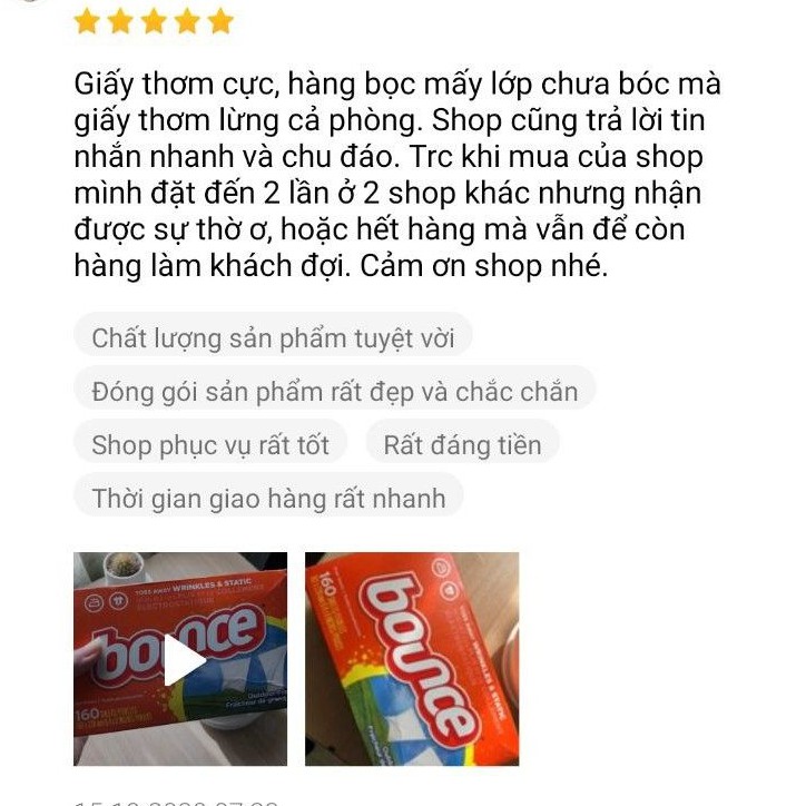 Giấy thơm BOUNCE 160 tờ, Mỹ (ẩm mốc bay mùi)