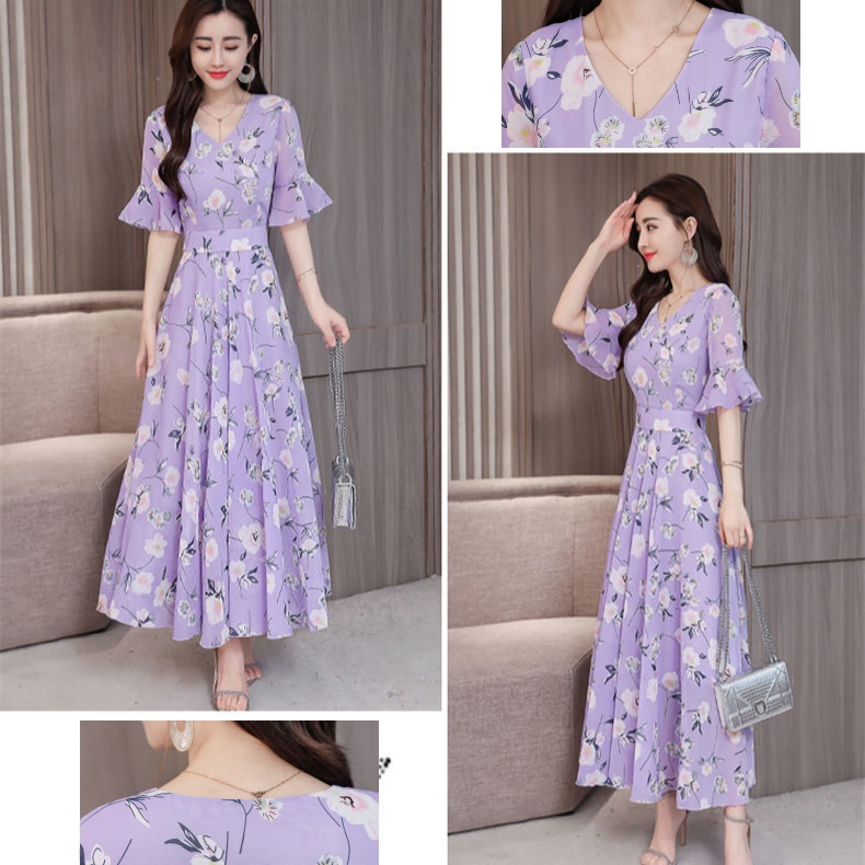 Đầm Dài Tay Ngắn Cổ Chữ V In Họa Tiết Hoa Nhí Xinh Xắn Thời Trang Cho Nữ