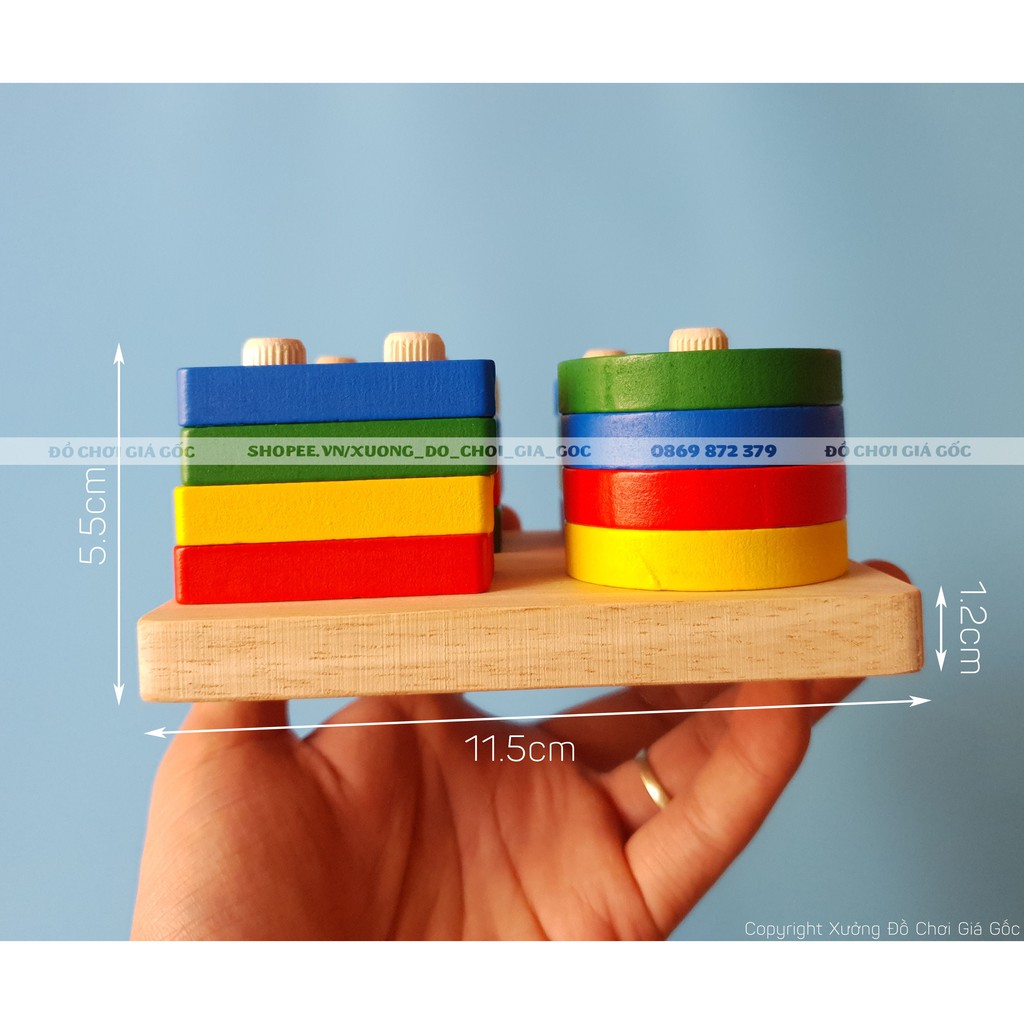 Bộ thả hình khối 4 cọc trụ bằng gỗ, đồ chơi trí tuệ cho bé học hình khối, học màu sắc