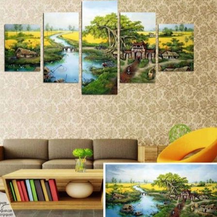VLK230 - Tranh treo tường ghép 5 Tấm hiện đại Phong Cảnh Đồng Quê trang trí nhà cửa đẹp phòng khách ngủ bếp ăn