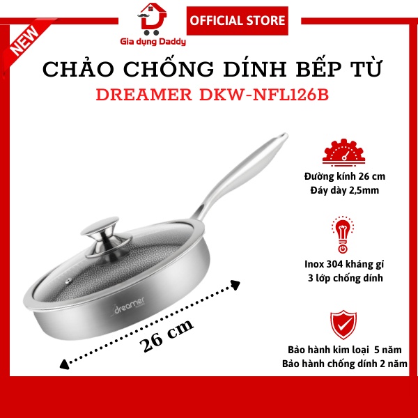 Chảo chống dính bếp từ vân tổ ong kép có nắp Dreamer DKW-NFL126B, Đường kính 26cm Inox 304 Đáy liền 3 lớp Bảo hành 5 năm