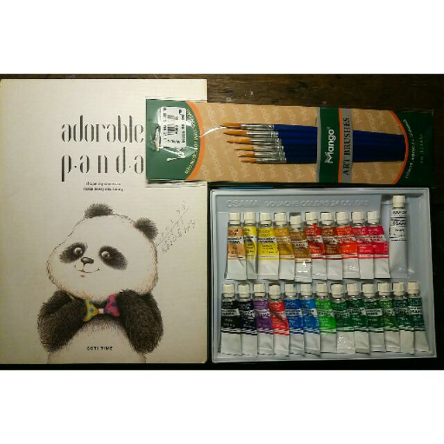 Compo 3 món họa cụ: sổ vẽ Adorable Panda, mày nước Simbalion OSAMA Gouache Colors, set 6 cọ Mango