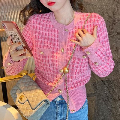 Áo khoác cardigan dệt kim mềm in sọc caro thời trang mùa xuân Hàn Quốc thịnh hành