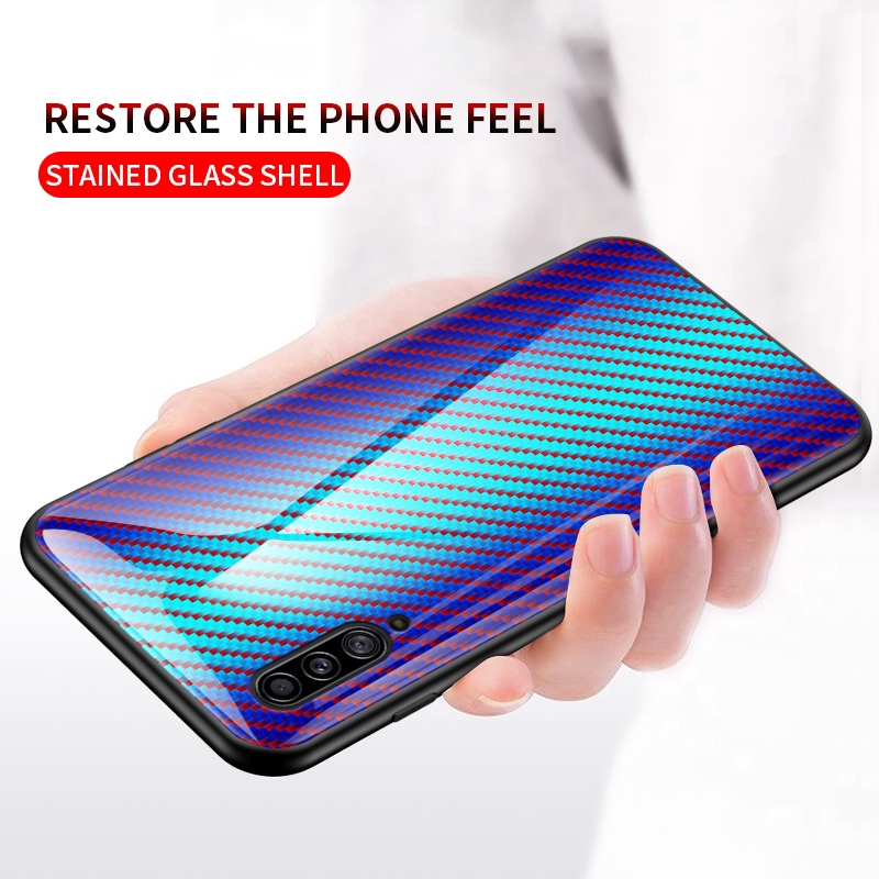For Samsung A90 5G A10s M10s A50s A30s A50 A20s Carbon Fiber Glossy Texture Tempered Glass Phone Case