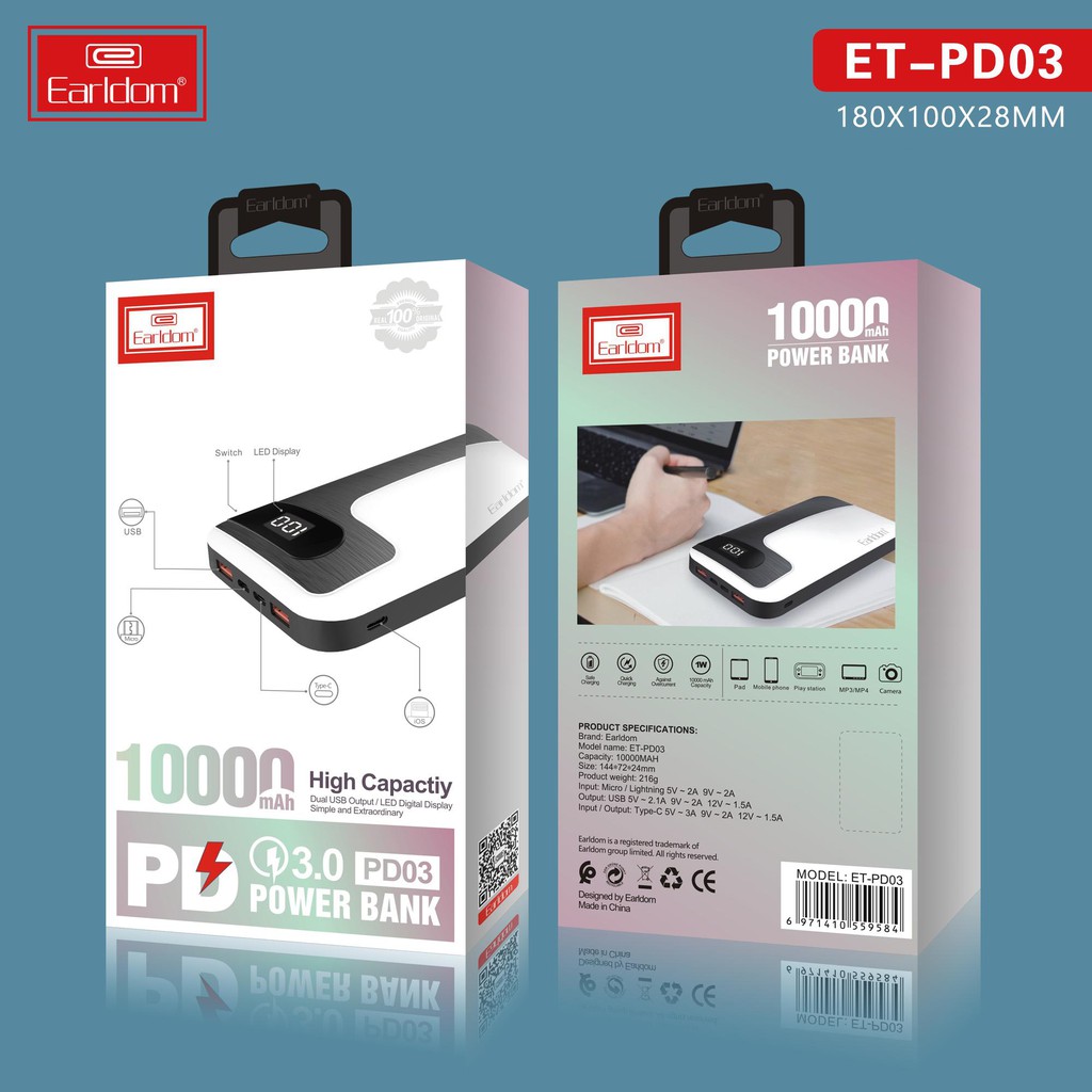 Sạc dự phòng, sạc nhanh QC 3.0. Dung lượng 10.000mAh Earldom ET-PD03