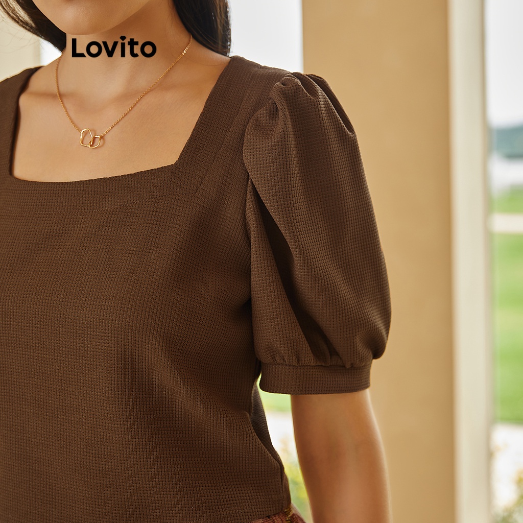 Lovito Áo thun trơn cổ vuông thường tay phồng L24ED025 (Nâu)