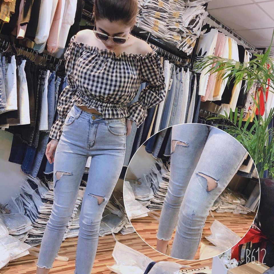 Quần Jeans Nữ 9 Tấc Rách Màu Nhạt CAo Cấp