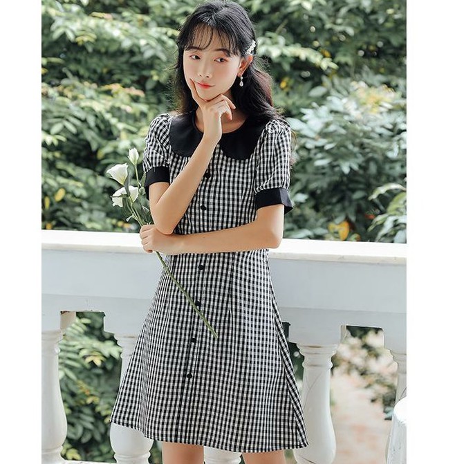RẺ ĐẸP - CHẤT [45-65kg] - ĐẦM XÒE CỔ SEN ĐẸP, KIỂU ĐẦM XÒE CARO PHỐI NÚT XINH XẮN D3111