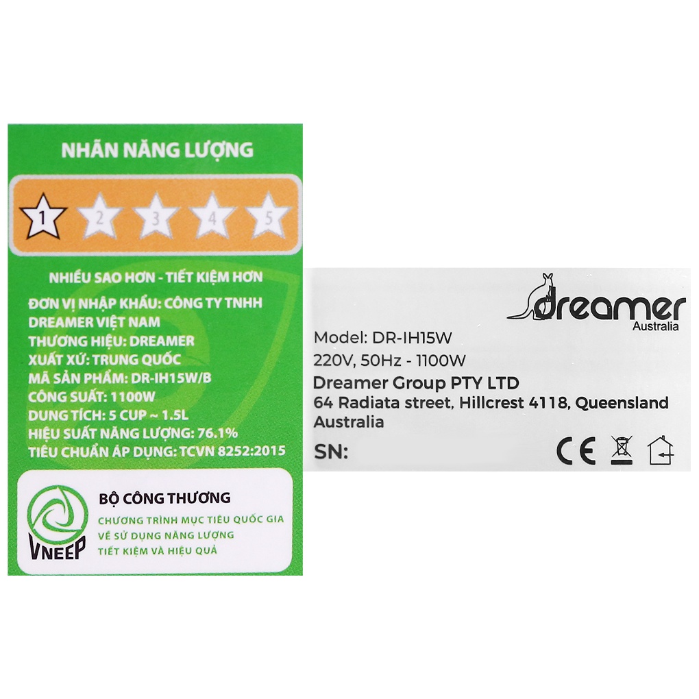 Nồi cơm điện cao tần Dreamer DR-IH15W 1.5 lít  1100 W lòng nồi chống dính - Chính hãng BH 12 tháng