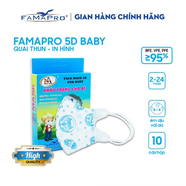 [HỘP-10 CÁI-QUAI THUN] Khẩu trang y tế trẻ em kháng khuẩn 3 lớp Famapro 5D BABY HỌA TIẾT