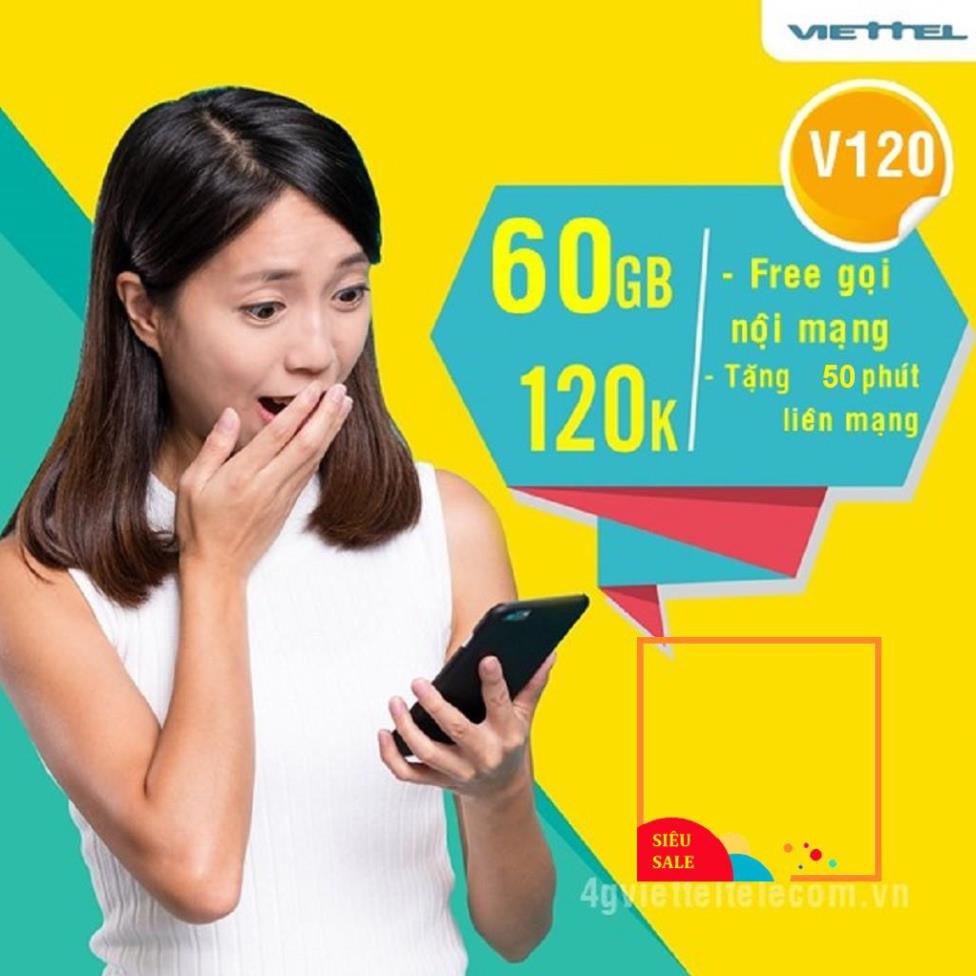 Sim nghe gọi Viettel trọn gói 1 năm, 12V120, miễn phí nghe gọi không giới hạn, 60Gb data tháng.