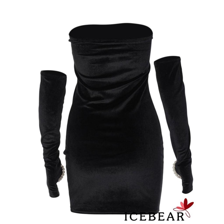 Đầm Dáng Ôm Hở Vai Màu Đen Đính Ngọc Trai Trang Trí Thanh Lịch Size S / M / L