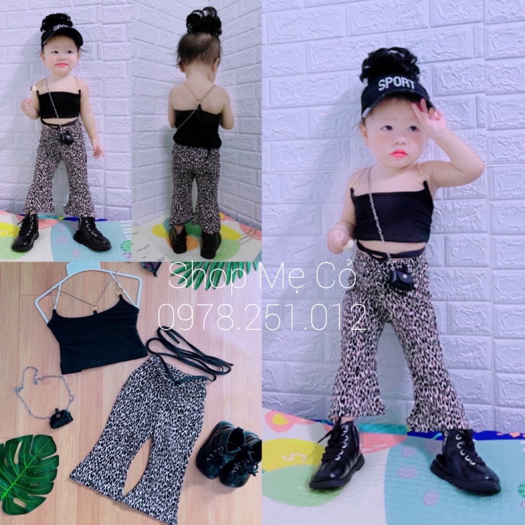 Set Bé Gái Áo Hai Dây Xích Tròn Phối Quần Beo Loe Rút Dây Cá Tính Ảnh Thật 100%