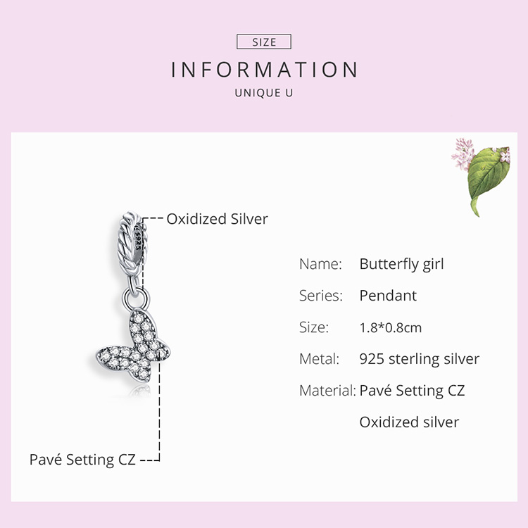 Hạt vòng tay Bamoer SCX121 làm bằng 100% bạc 925 mạ Platinum mặt hình bướm đính đá Zircon DIY