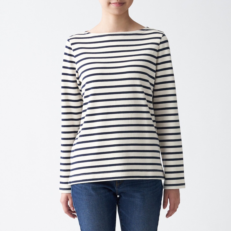 Muji Áo Thun Vải Jersey Sợi Dày Dài Tay-Sọc
