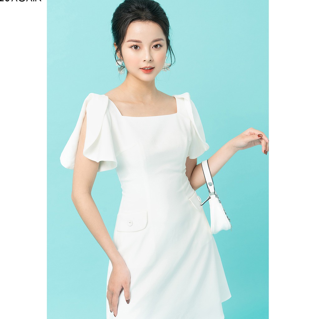 Đầm xòe thiết kế công sở 92WEAR 3 màu, xẻ tay cổ vuông DEA1237