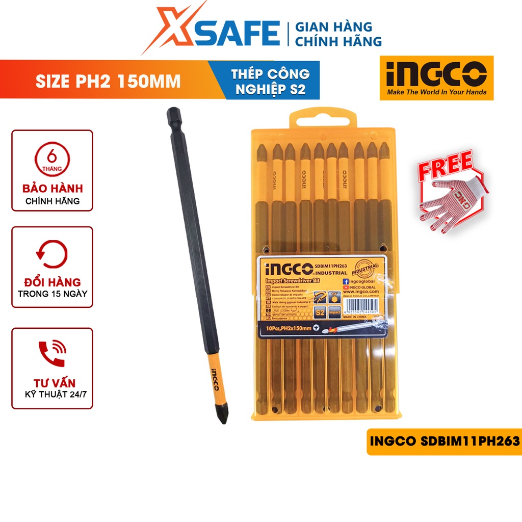 Bộ mũi bắt vít 10 chi tiết INGCO SDBIM11PH263 Bộ 10 mũi vít/hộp, thép công nghiệp S2 có nam châm hít