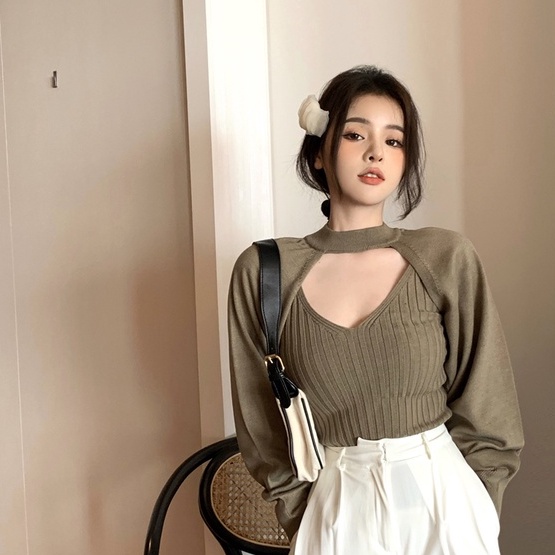 Porozi  Áo len nữ cổ tròn hở lưng phong cách Hàn Quốc