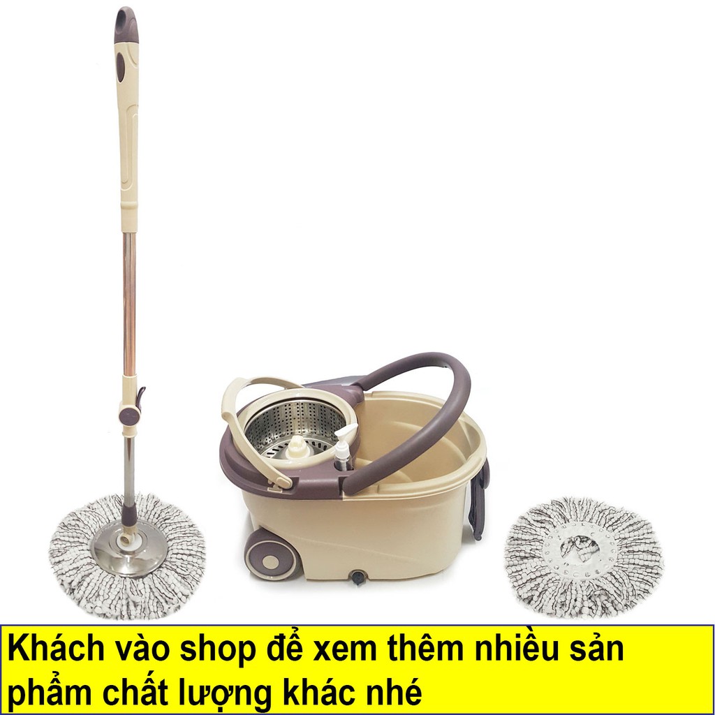 BỘ LAU NHÀ CAO CẤP LỒNG INOX THÁO RỜI, BÁNH XE KÉO, HAI BÔNG LAU