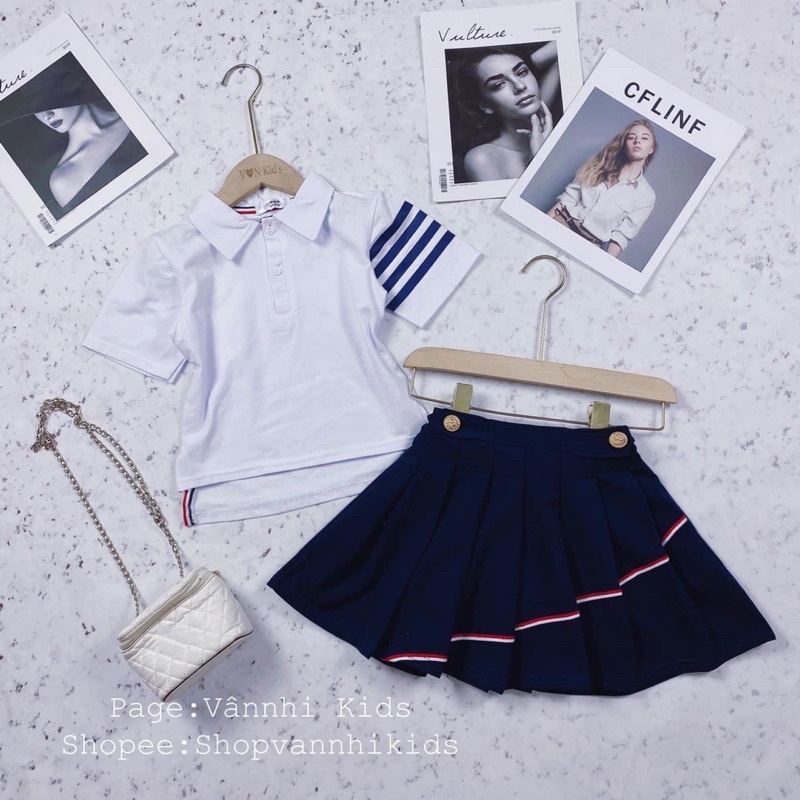 Set áo trắng cổ bẻ + cv xếp ly 2 màu bé gái